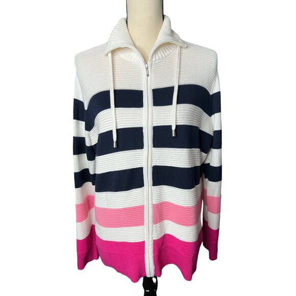 Christopher & Banks Women's Cardigan Sweater Blue White Pink Stripes Size M - Picture 1 of 6